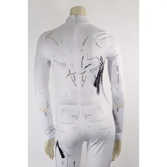 White Robotic Stretch Jumpsuit Tattoo Cyberpunk Longe Sleeve Bodysuit Size XS - Picture 12 of 14